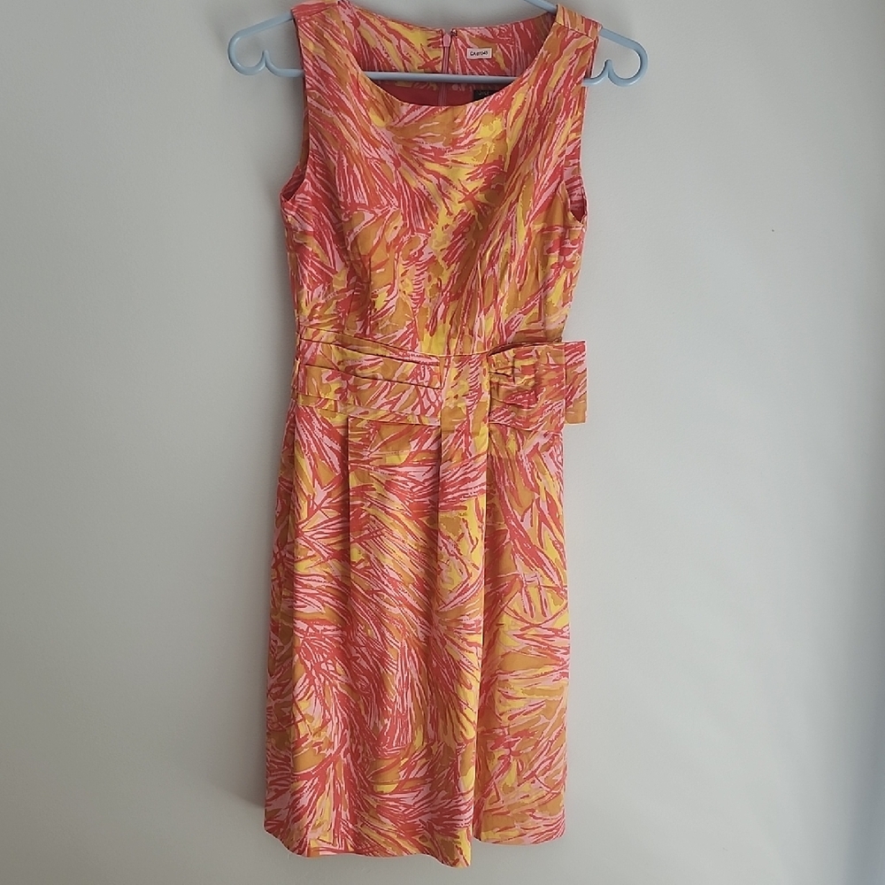 Orange and Yellow Sleeveless Sheath Midi Dress